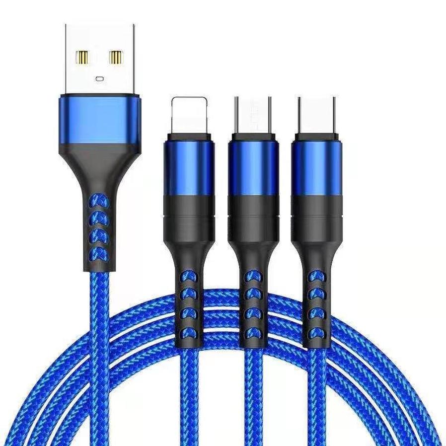 HKM-799123 Braided Fast Charging Cable with 3 Connectors for Android and Apple Devices - 1.2m Length