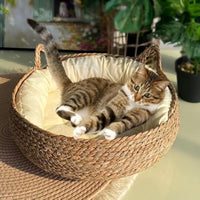 HKM-7992125 Natural Woven Cat Bed with Soft Cushion – Handmade Braided Cattail Leaf Pet House, Eco-Friendly Straw Nest