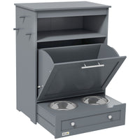 HKM-7994429 Pet Feeder Station with Storage, Raised Bowl, and Hooks for Supplies - Grey