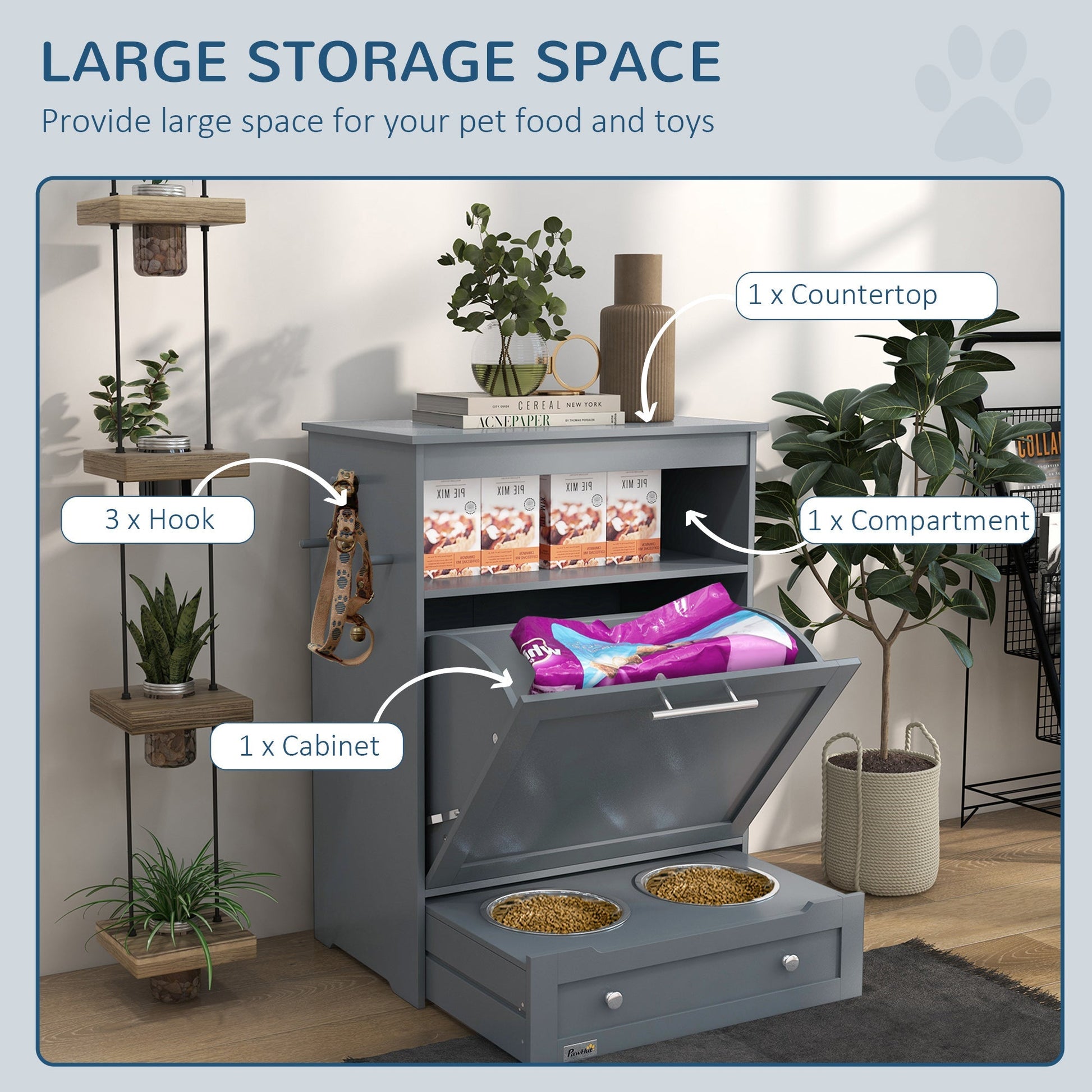 HKM-7994429 Pet Feeder Station with Storage, Raised Bowl, and Hooks for Supplies - Grey