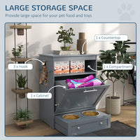 HKM-7994429 Pet Feeder Station with Storage, Raised Bowl, and Hooks for Supplies - Grey