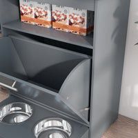 HKM-7994429 Pet Feeder Station with Storage, Raised Bowl, and Hooks for Supplies - Grey
