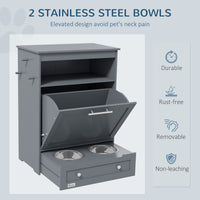 HKM-7994429 Pet Feeder Station with Storage, Raised Bowl, and Hooks for Supplies - Grey