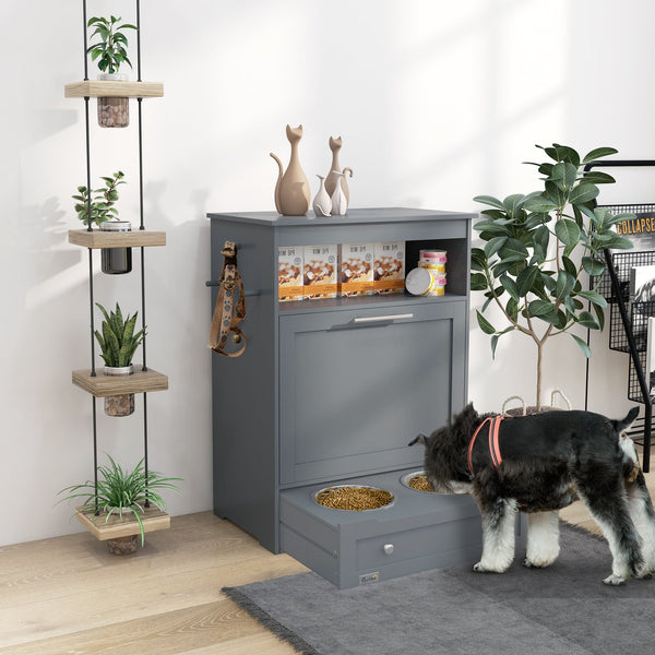HKM-7994429 Pet Feeder Station with Storage, Raised Bowl, and Hooks for Supplies - Grey