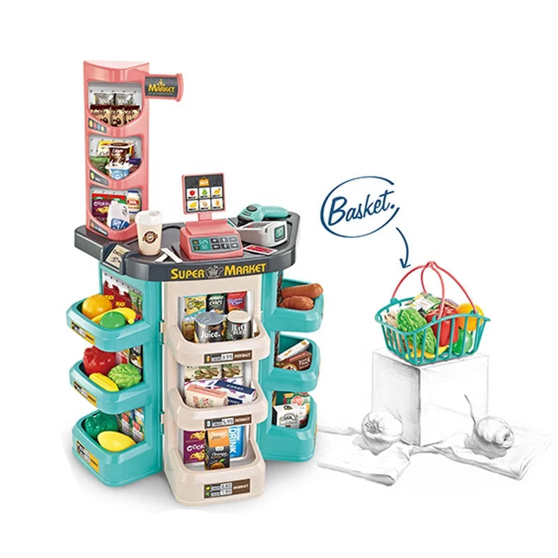 HKM-799571 Kids Supermarket Play Set with Cash Register, Battery Operated Light and Music, Plastic Toy for Girls Age 3+