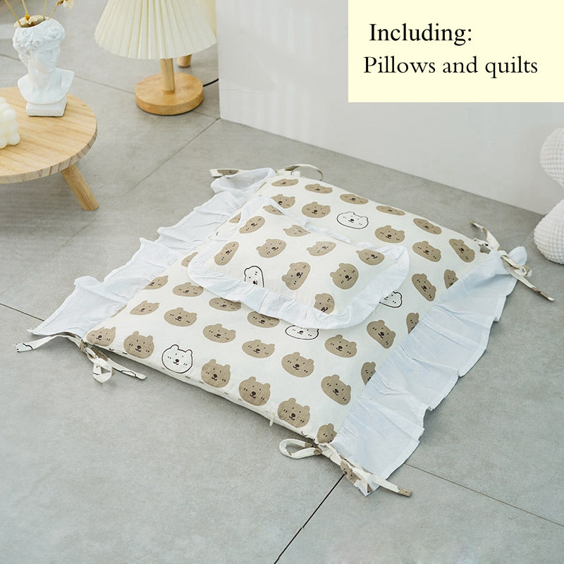 HKM-8000445 Solid Wood Cat Bed with Cozy Mattress and Pillow - Available in Bear and Floral Styles