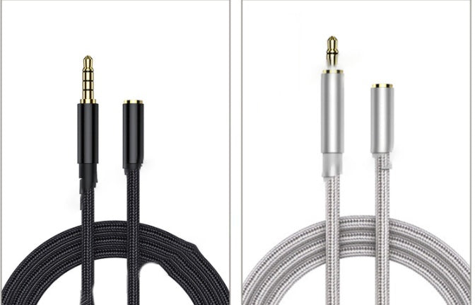 HKM-800275 Nylon Audio Extension Cable for Mobile Phones, Earphones, and Microphones - Available in 1m, 1.5m, 2m Lengths - Black and Silver Gray