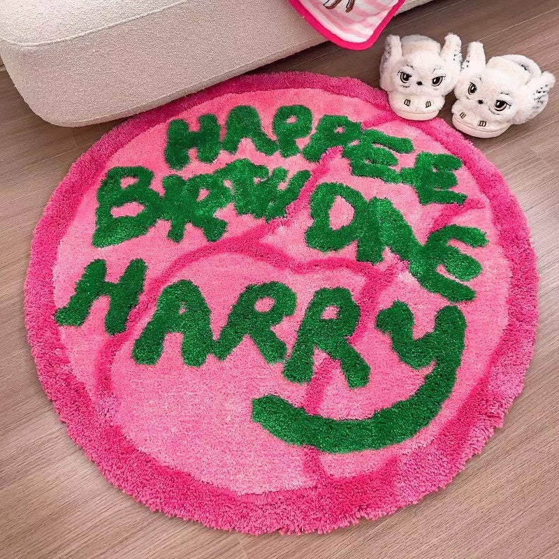HKM-800787 Geometric Pattern Round Flocking Carpet in Haig Cake Color - 90x90cm Polyester Fiber Floor Mat