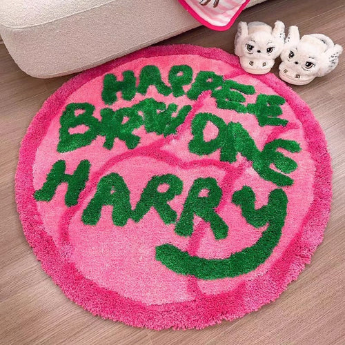 HKM-800787 Geometric Pattern Round Flocking Carpet in Haig Cake Color - 90x90cm Polyester Fiber Floor Mat