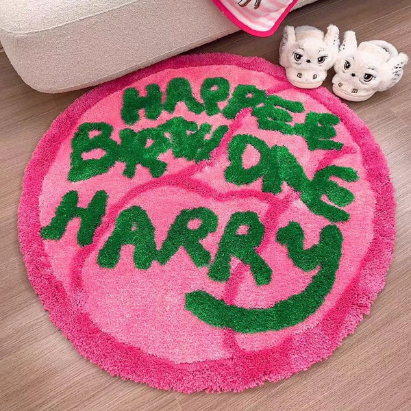 HKM-800787 Geometric Pattern Round Flocking Carpet in Haig Cake Color - 90x90cm Polyester Fiber Floor Mat