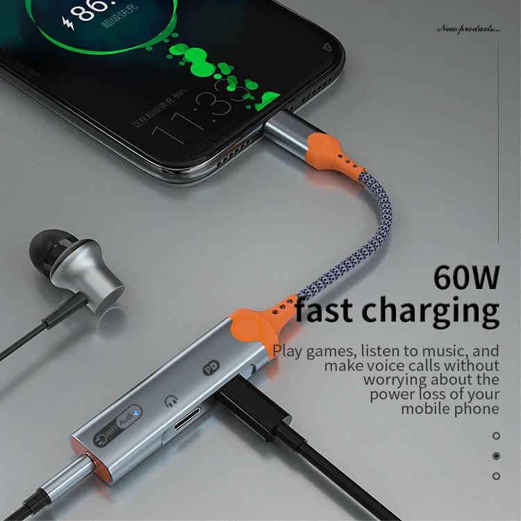 HKM-800787 Type C to 3.5mm Audio Adapter with PD 60W Charging for USB-C Devices