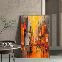 HKM-800979 Hand-Painted Abstract Acrylic Canvas Painting - Modern Cityscape Wall Art for Living Room and Bedroom Decor