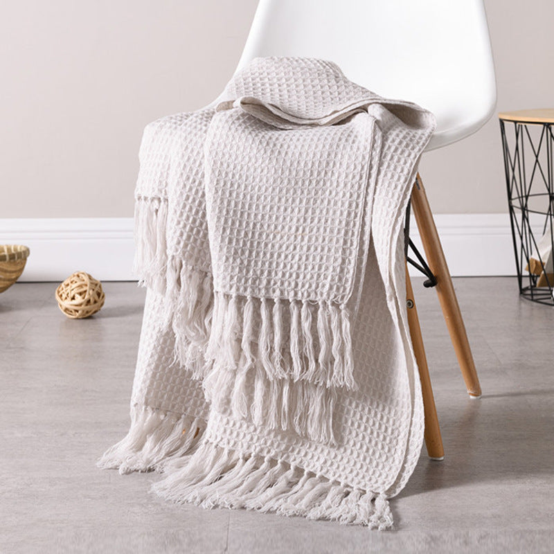 HKM-801363 Cozy Acrylic Plain Knitted Wool Blanket with Tassels - 130cm x 160cm