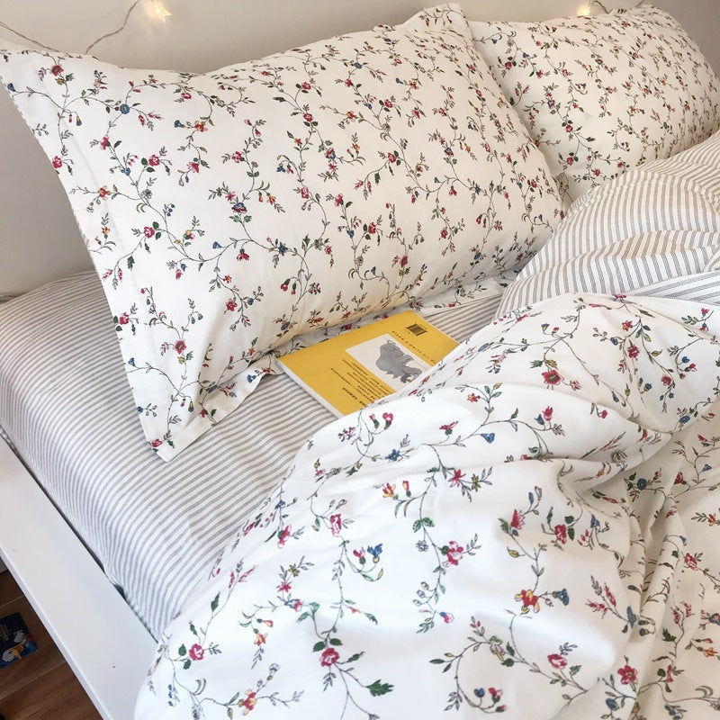 HKM-801363 Floral Cotton Bed Sheet Set - 4-Piece Bedding for 1.5m Bed with Quilted Sheets and Pillowcases
