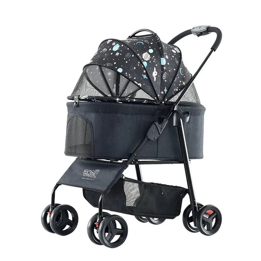 HKM-801555 Portable Double Brake One-Hand Fold Pet Stroller for Dogs and Cats