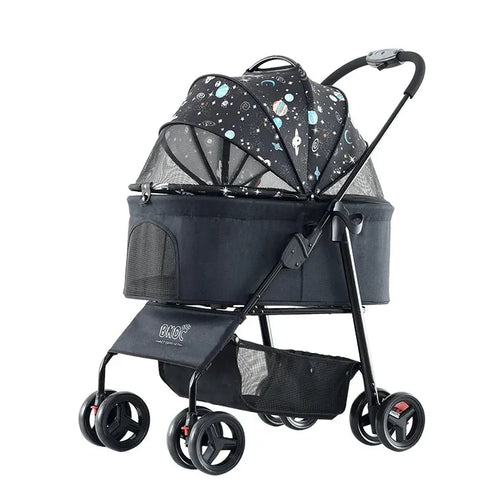 HKM-801555 Portable Double Brake One-Hand Fold Pet Stroller for Dogs and Cats