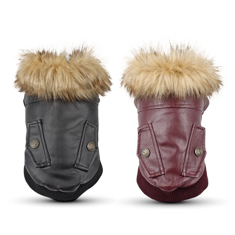 HKM-8017341 Stylish Leather Dog Coat with Fur Collar for Autumn & Winter in Black and Wine Red
