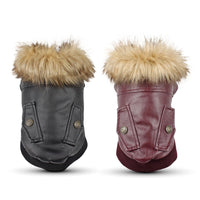 HKM-8017341 Stylish Leather Dog Coat with Fur Collar for Autumn & Winter in Black and Wine Red