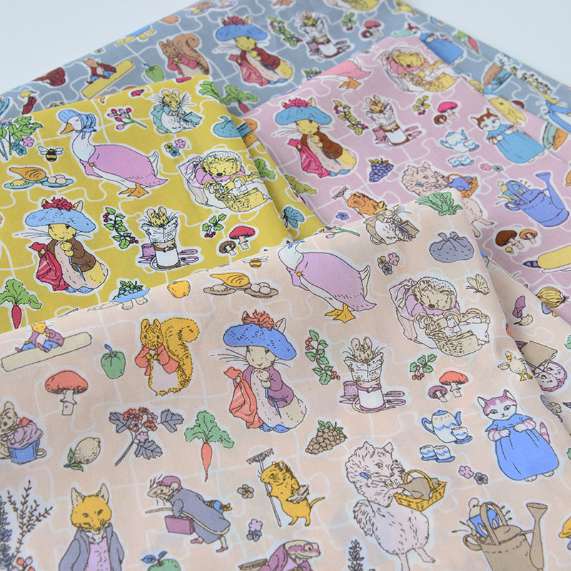 HKM-801875 Cotton Fabric with Summer Rabbit Illustration in Smoke Blue and Light Yellow for Clothing