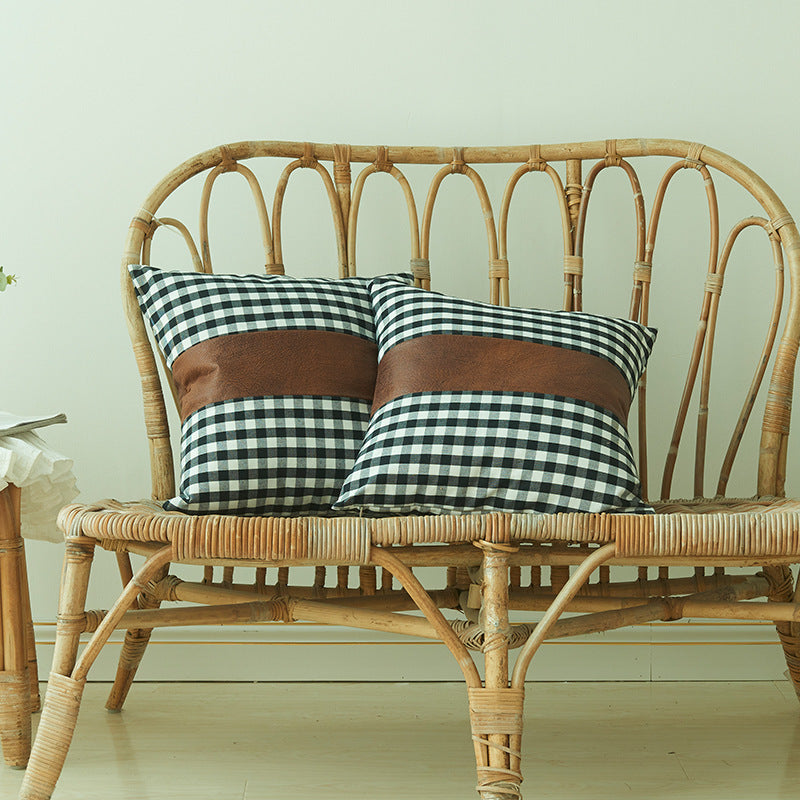 HKM-802259 Plaid Leather Splicing Cushion Cover - Comfortable 45x45cm Decorative Pillow Cover