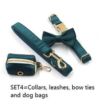 HKM-8023229 Sapphire Green Velvet Pet Collar and Leash Set with Gold Buckle and Bowknot