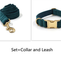 HKM-8023229 Sapphire Green Velvet Pet Collar and Leash Set with Gold Buckle and Bowknot