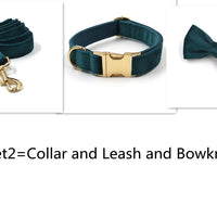 HKM-8023229 Sapphire Green Velvet Pet Collar and Leash Set with Gold Buckle and Bowknot