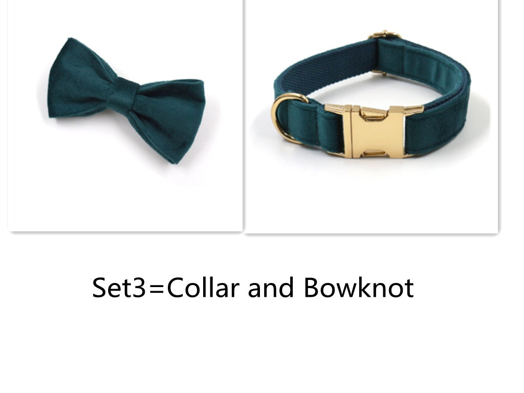 HKM-8023229 Sapphire Green Velvet Pet Collar and Leash Set with Gold Buckle and Bowknot