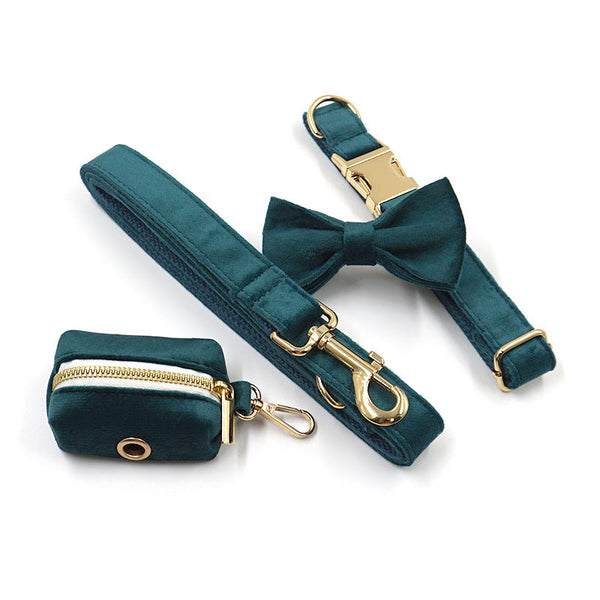 HKM-8023229 Sapphire Green Velvet Pet Collar and Leash Set with Gold Buckle and Bowknot