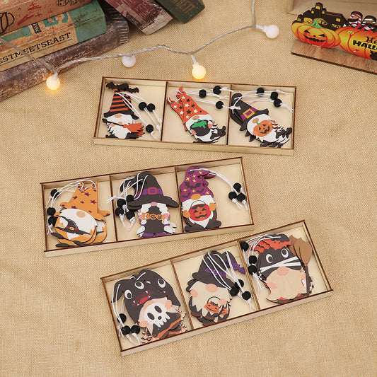 HKM-802323 Wooden Halloween Cartoon Doll Pendants Set - 9 Unique Decorative Pieces