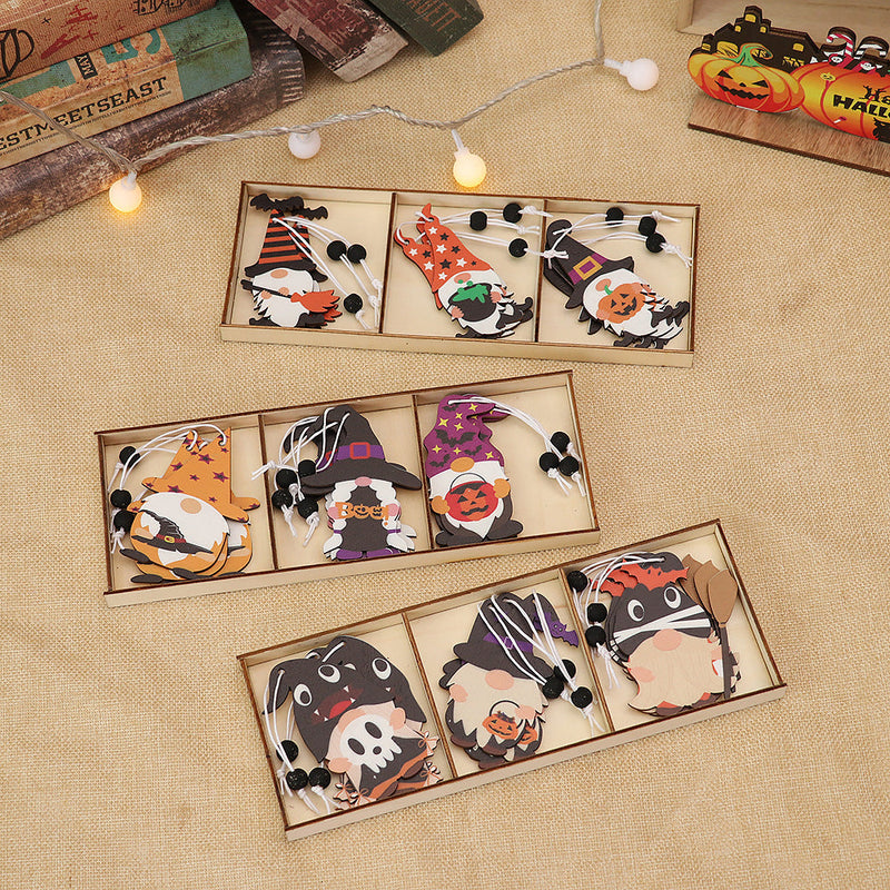 HKM-802323 Wooden Halloween Cartoon Doll Pendants Set - 9 Unique Decorative Pieces