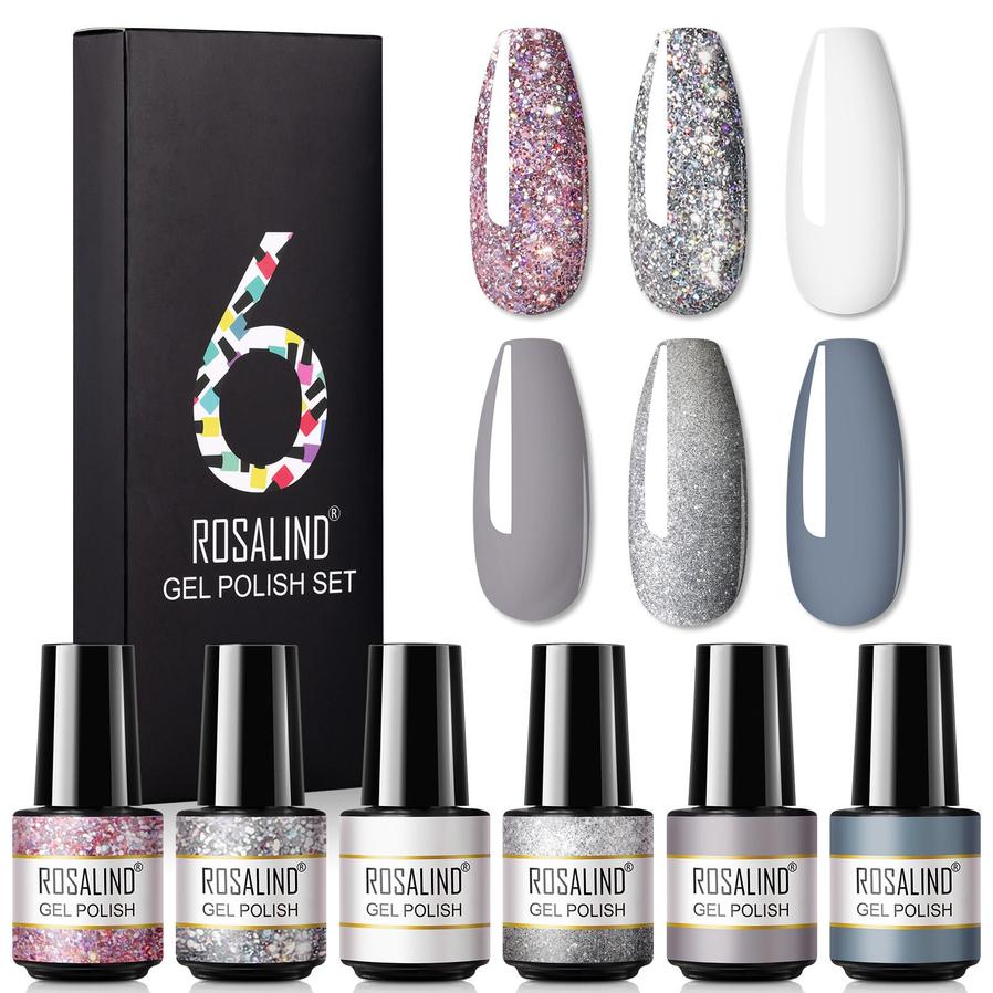 HKM-802515 One-Color Gel Glitter Nail Polish Set - 6-Piece Collection in Convenient Color Box