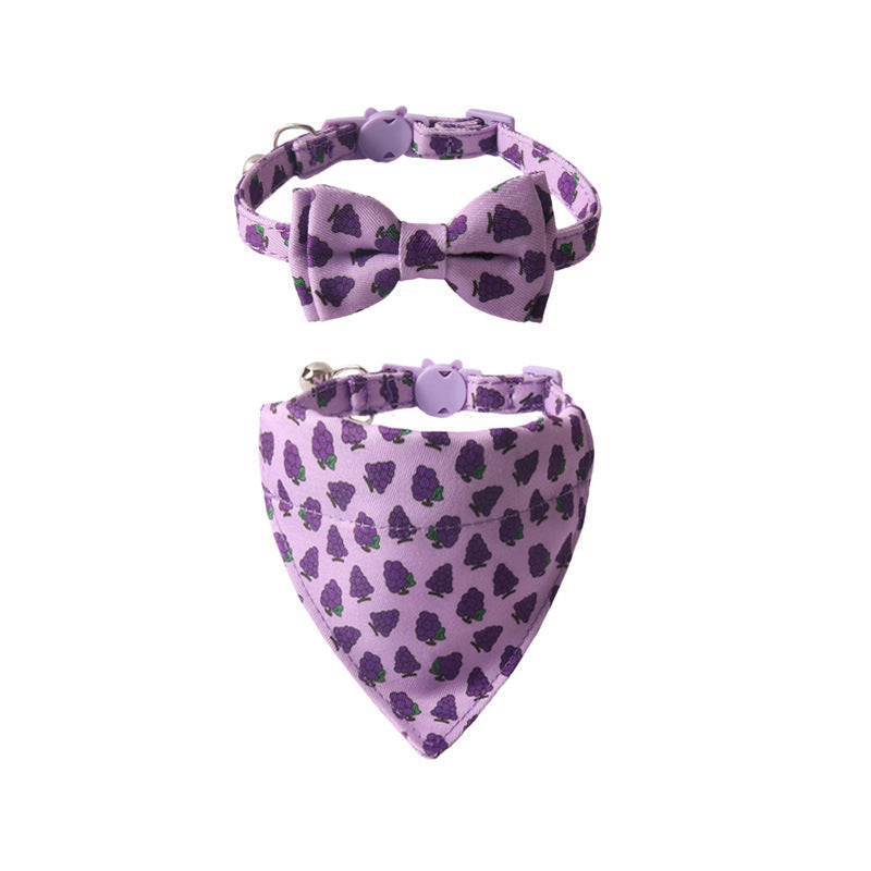 HKM-8025661 Colorful Fruit Series Pet Collar with Bow and Triangular Binder - Watermelon, Lemon, Grape, Peach, Avocado