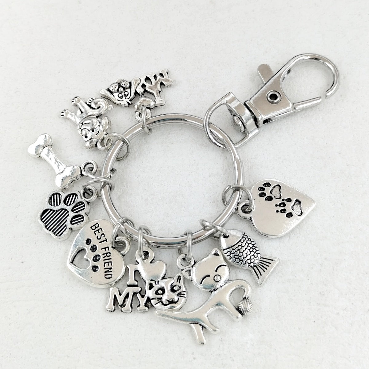 HKM-8026045 Dog Paw and Fish Footprints Metal Key Ring for Pet Lovers