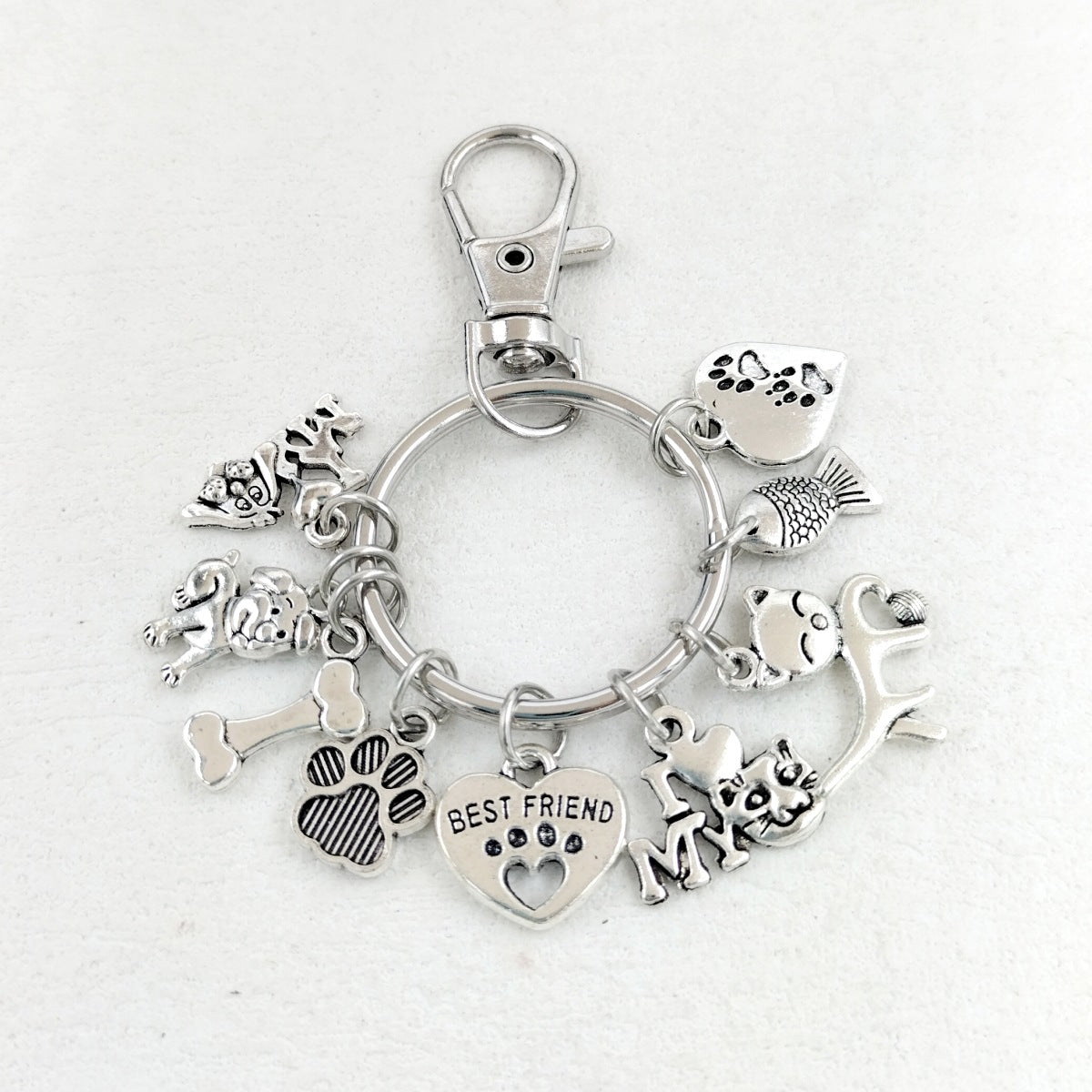 HKM-8026045 Dog Paw and Fish Footprints Metal Key Ring for Pet Lovers
