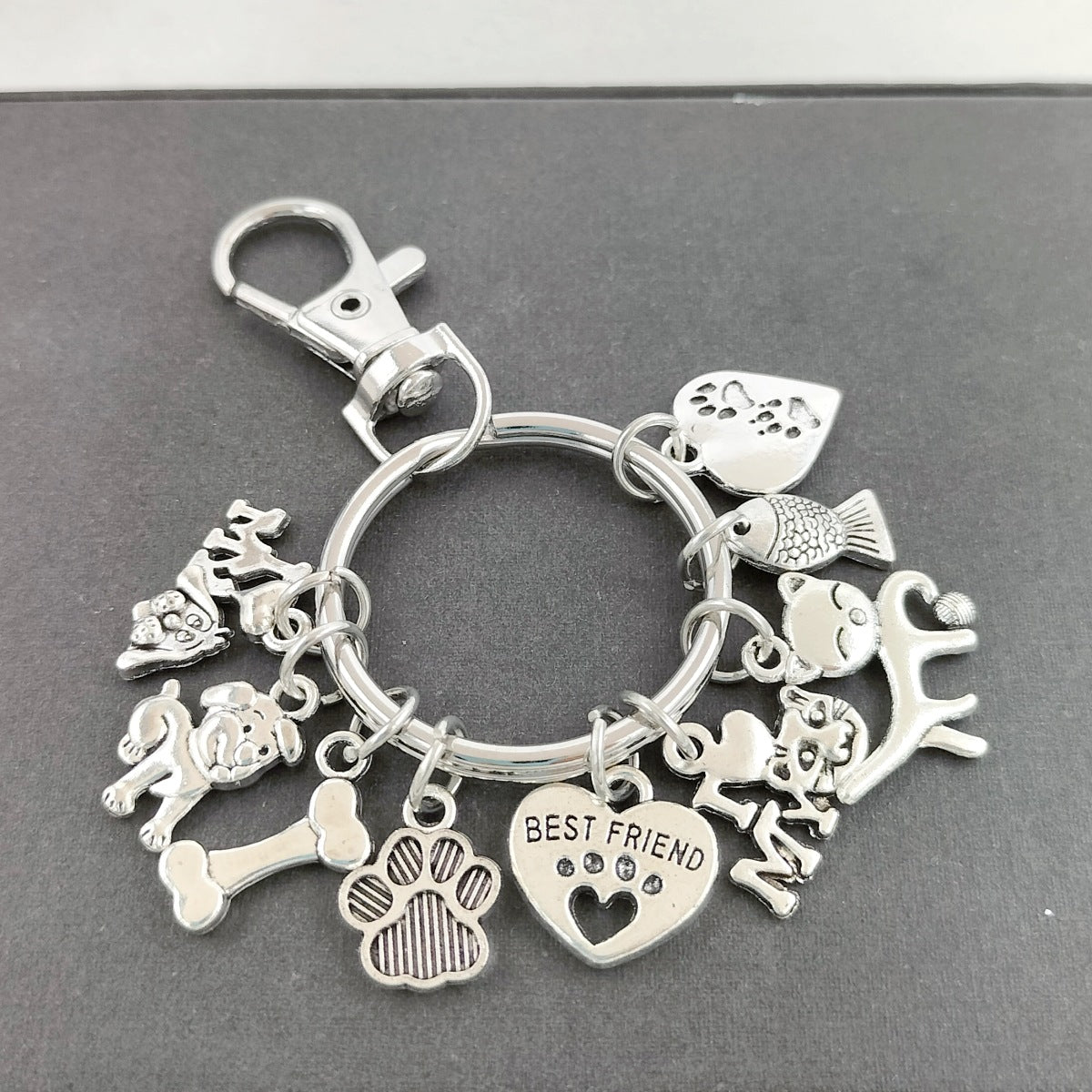 HKM-8026045 Dog Paw and Fish Footprints Metal Key Ring for Pet Lovers
