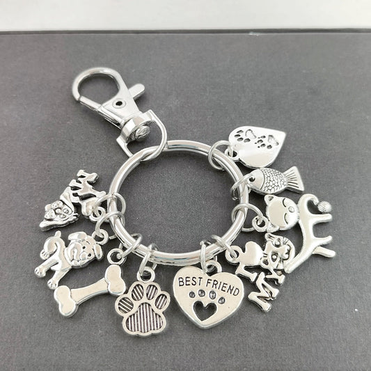 HKM-8026045 Dog Paw and Fish Footprints Metal Key Ring for Pet Lovers