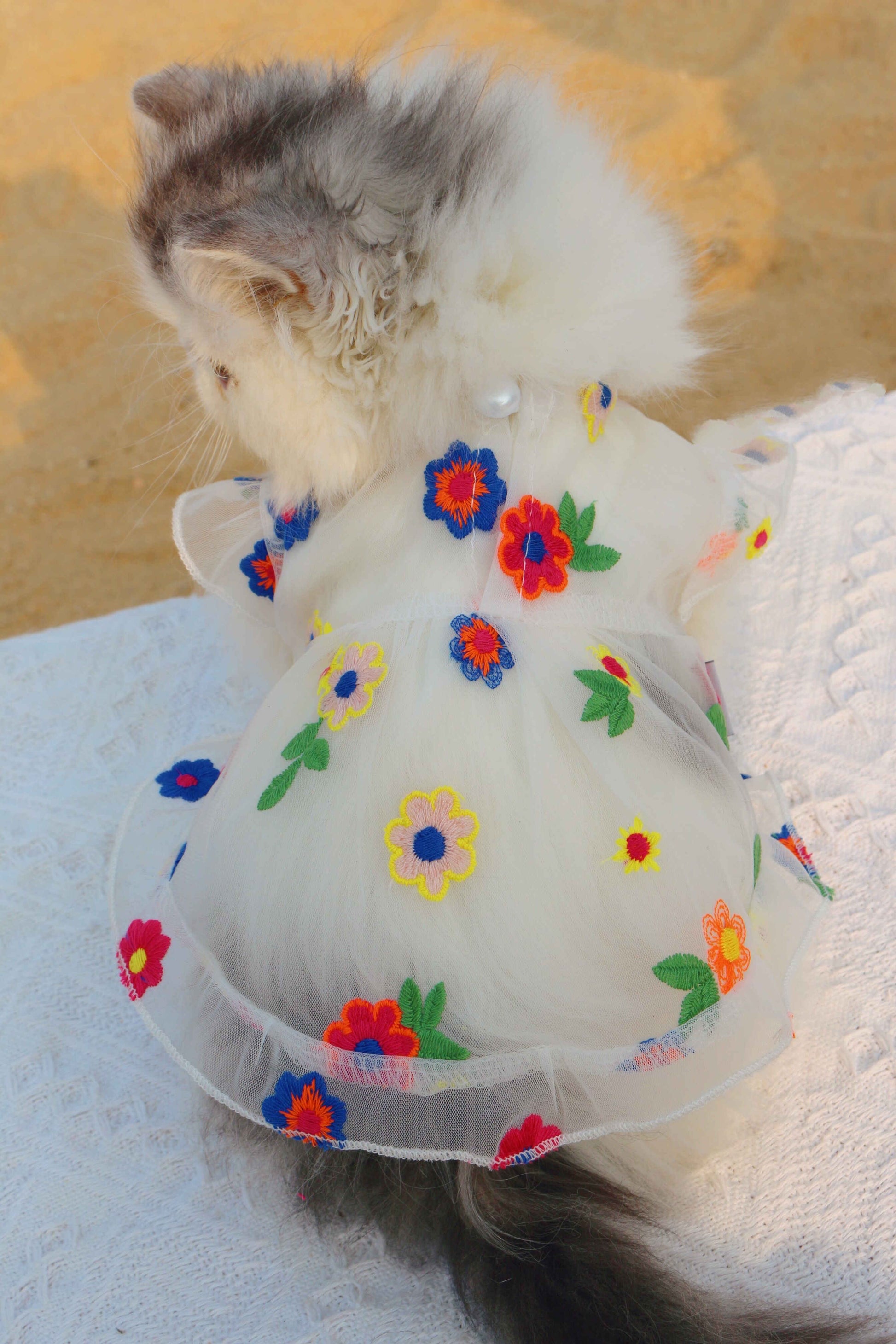 HKM-8030781 Flower Embroidery Dress for Cats with Hand-Woven Straw Hats