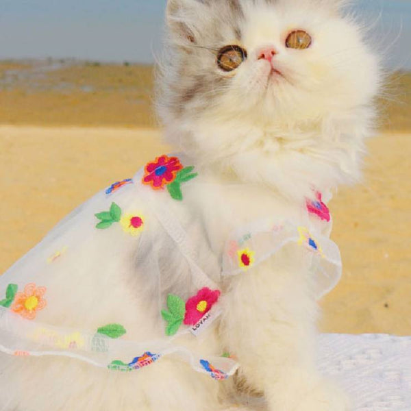 HKM-8030781 Flower Embroidery Dress for Cats with Hand-Woven Straw Hats