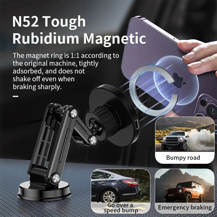 HKM-803091 15W Wireless Charger Magnetic Car Phone Holder with 360° Rotation and Foldable Design for Dashboard Use