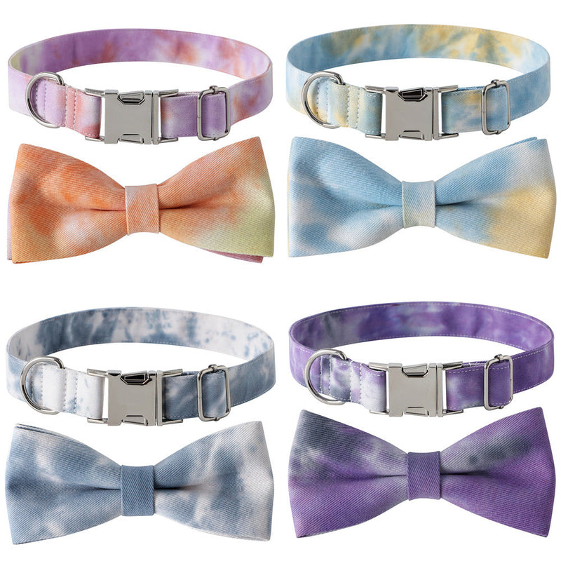 HKM-8031165 Cotton Tie-Dye Dog Collar with Alloy Buckle and Bow - Available in Blue, Purple, Orange, Gray