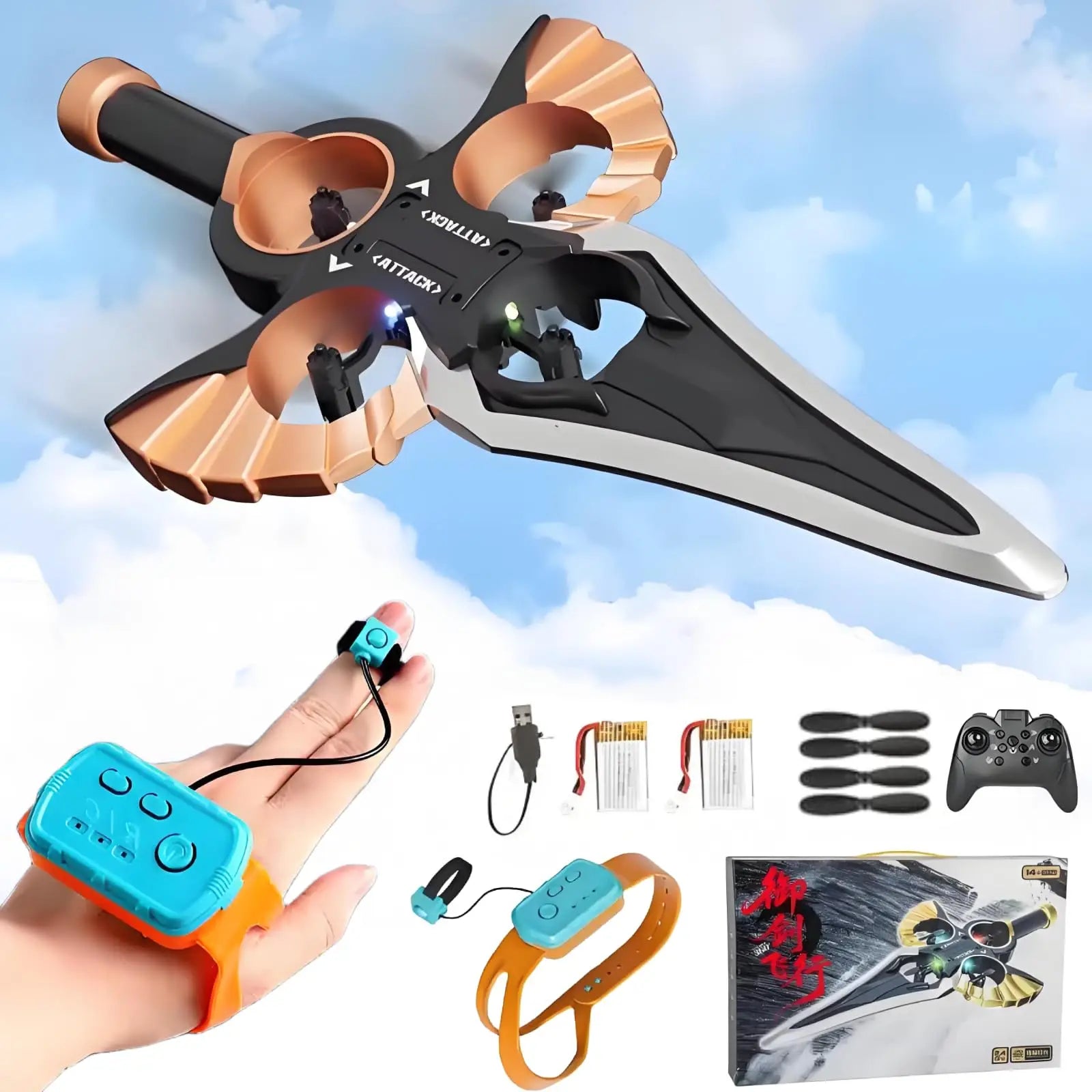 HKM-803987 Luminous Remote Control Flying Sword with 360-Degree Rolling Drone Feature for Ages 5 and Up