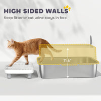 HKM-8040381 Extra Large Stainless Steel Cat Litter Box with Scoop and Pad, Anti-Leakage Design for Easy Cleaning