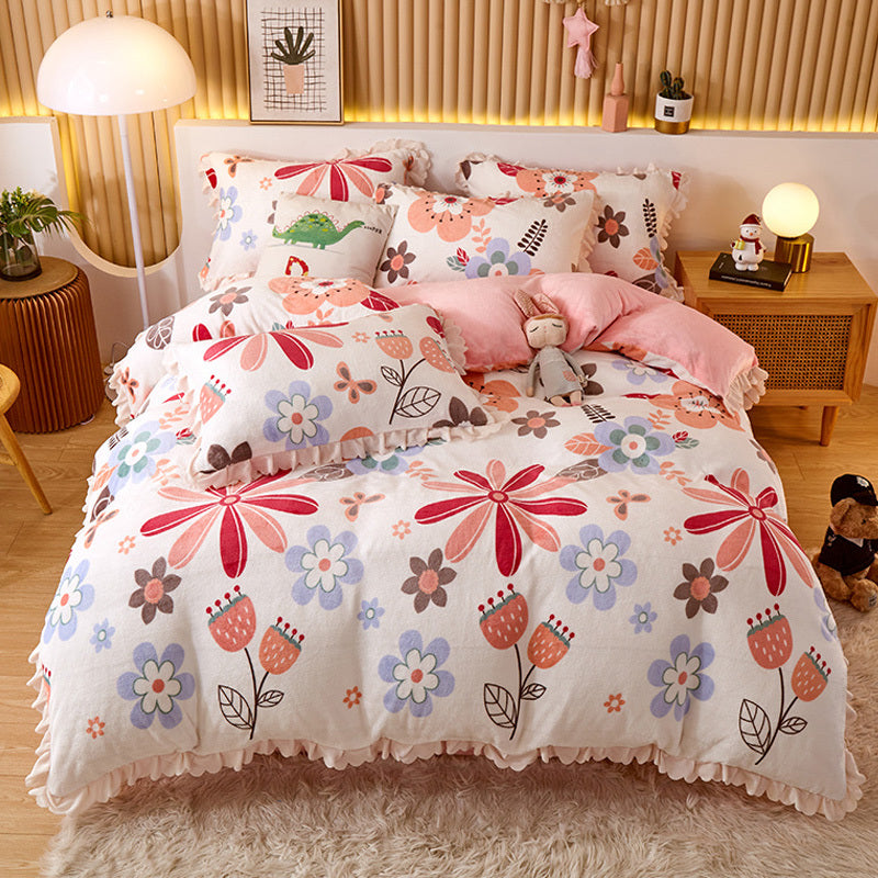 HKM-804179 Milk Velvet Coral Fleece Reversible Quilt Cover Set with Pillowcase