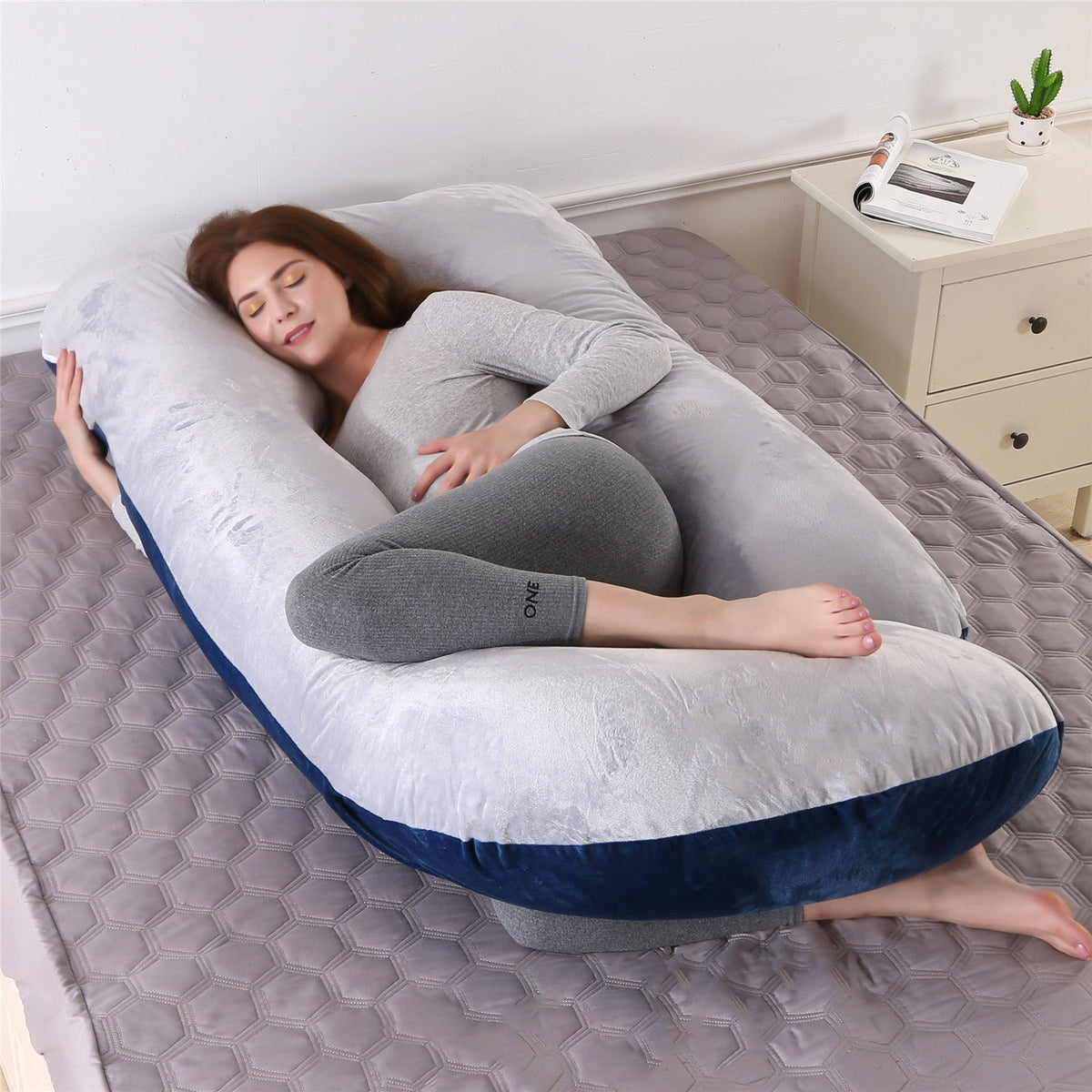 HKM-804243 G-shaped Crystal Velvet Waist Pillow for Side Sleeping Moms - Detachable Cover, U-Shape Support, Various Colors Available