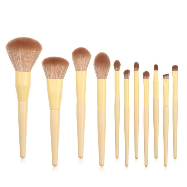 HKM-804563 11-Piece Yellow Makeup Brush Set with Nylon Bristles and Long Handles