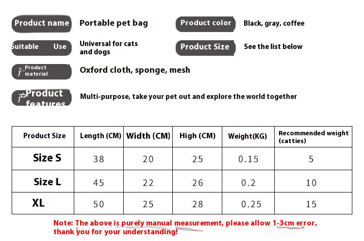 HKM-8052669 Foldable Mesh Outdoor Pet Bag for Dogs and Cats - Soft Oxford Shoulder Handbag in Black/Brown, Sizes S/L/XL