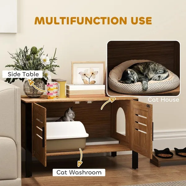 HKM-8054077 Dark Brown Cat Litter Box Enclosure with Scratching Board and Elevated Legs