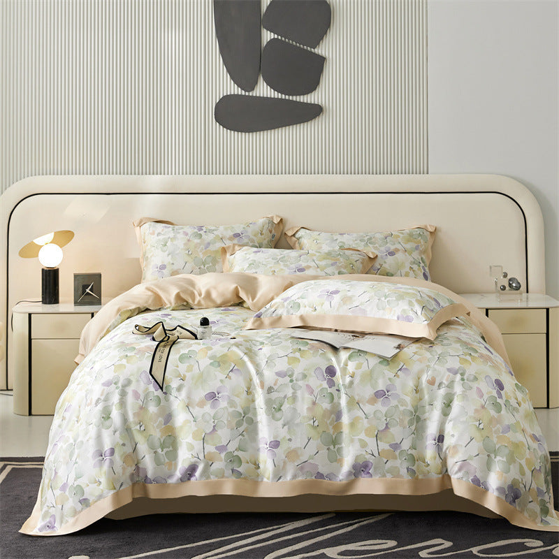 HKM-805651 Tencel Four-Piece Bedding Set with Plant and Flower Pattern for 1.5m to 2.0m Beds
