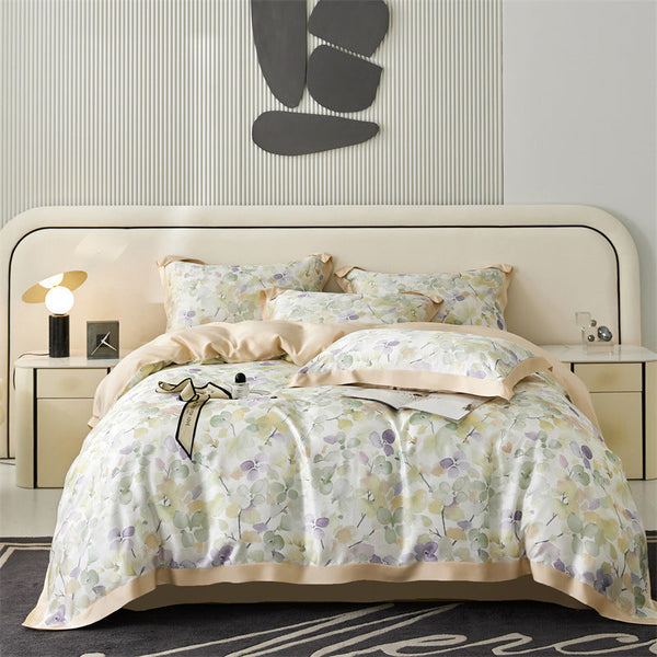 HKM-805651 Tencel Four-Piece Bedding Set with Plant and Flower Pattern for 1.5m to 2.0m Beds